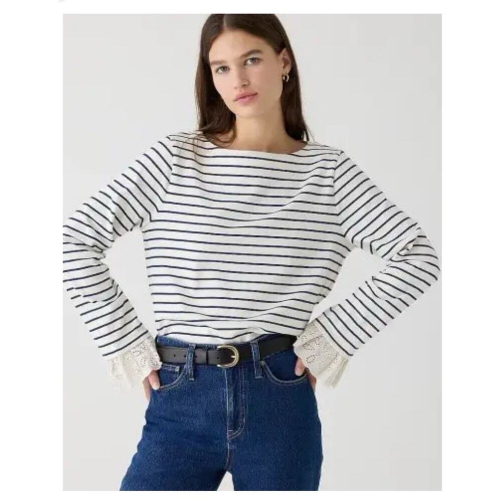 J Crew Mariner jersey bell-sleeve striped T-shirt eyelet trim XS French Chic